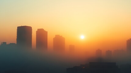 Foggy city skyline with a sun in the sky