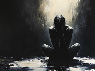 Obraz premium Lonely person sitting in solitude, captured in a moody, atmospheric setting with soft light and deep shadows, evoking themes of isolation, reflection, and introspection