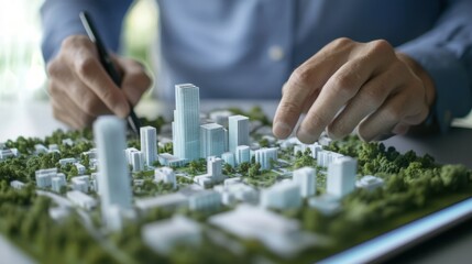Fototapeta premium A detailed view of an architect designing urban landscapes on a digital tablet, Urban planning scene, Sustainable development style