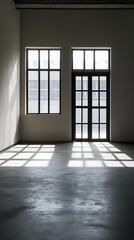 Sunlit Empty Room with Large Windows and Door