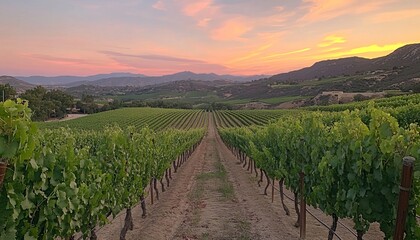 Naklejka premium Sunset over vineyard rows in valley.