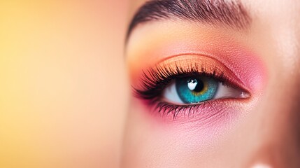 Naklejka premium A woman with blue eyes and pink and orange eye makeup