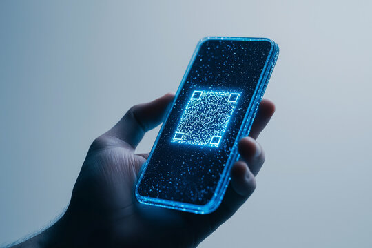 Hand hält Smartphone mit QR-Code und futuristischer blauer Beleuchtung

