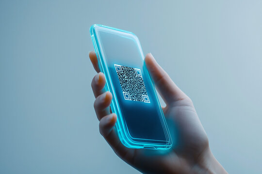Hand h&auml;lt Smartphone mit QR-Code und futuristischer blauer Beleuchtung

