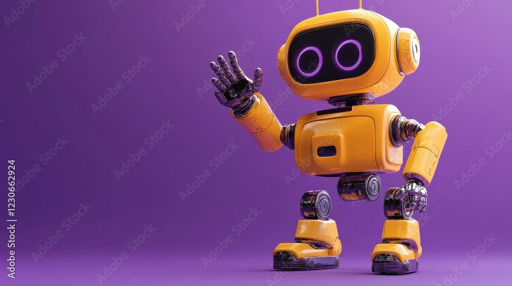 Poster 3d robot in purple background with hand up, expressing hello or support. friendly chatbot renders fo