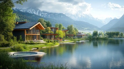 Obraz premium Luxury Cabins by a Tranquil Lake with Mountain Views