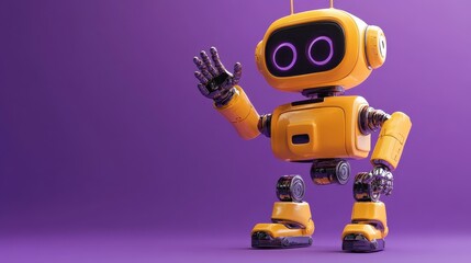 Naklejka premium 3D robot in purple background with hand up, expressing hello or support. Friendly chatbot renders for technology and robotic toy concepts.