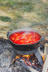 Borscht is cooked in a cauldron over a campfire