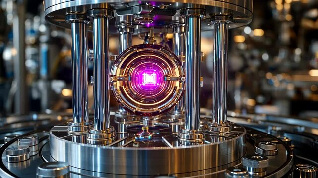 Intricate quantum device with glowing core in a high-tech laboratory environment