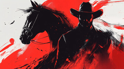 Stylized Western-themed poster featuring a cowboy on horseback blended with a dramatic portrait in red and black tones, evoking adventure, classic Western storytelling, and rugged frontier spirit