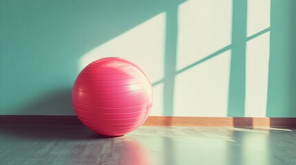A vibrant pink exercise ball placed in a sunlit room, creating a peaceful and inviting atmosphere. Ideal for fitness, wellness, and relaxation activities.