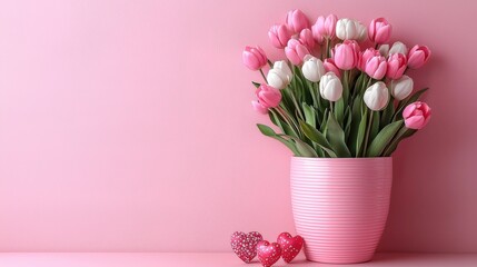 Obraz premium Beautiful Pink and White Tulips in Decorative Vase with Hearts