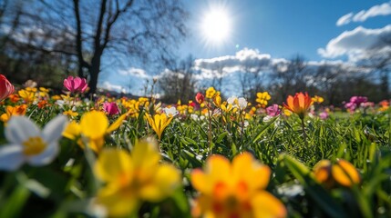 Obraz premium Vibrant Spring Flowers in a Sunny Meadow