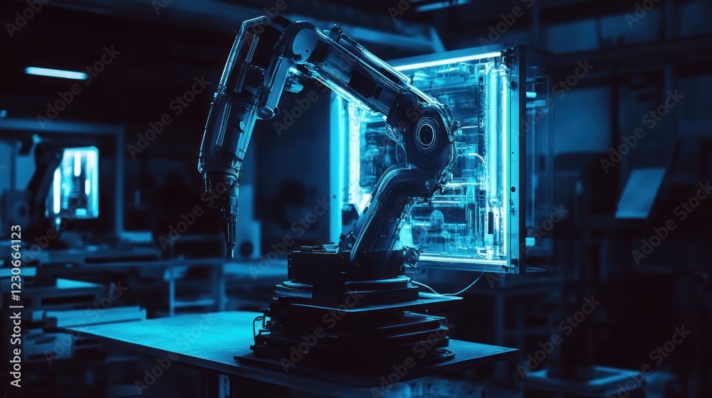 Poster robotic arm in industrial factory setting