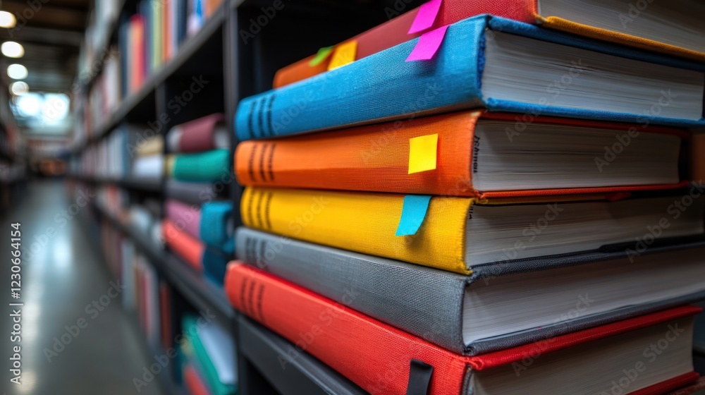 Poster colorful books stacked on shelf in library