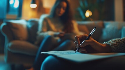 Close-up of therapist hand writing notes during a counseling session with a single woman sitting on a couch in the blurred background.