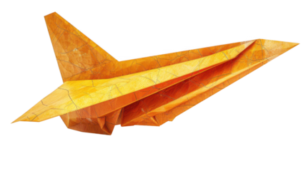 Yellow paper plane airplan, isolated on transparent background.