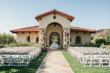 Wedding ceremony venue decorated with flowers and white chairs on lush green lawn