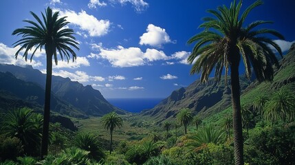 Fototapeta premium Palm trees stand tall against the sky on the Canary Islands, an archipelago belonging to Spain.