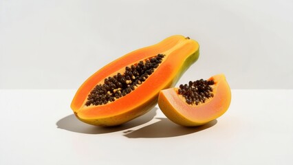 Freshly cut papaya halves on a minimalistic white background for a vibrant display