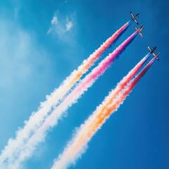 Airplanes perform stunning aerial stunts in bright blue sky leaving vibrant colorful smoke trails. Generative AI