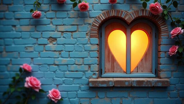 Decorative heart-shaped window glowing warmly amidst vibrant roses on a charming blue brick wall for a romantic Valentine's Day vibe