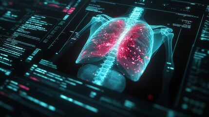 Obraz premium Human Lungs Digital Scan Red Blue Glowing Particles Dark Background