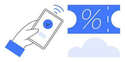Hand holds smartphone emitting signals next to a coupon with a percentage sign, cloud beneath. Ideal for online shopping, mobile apps, e-commerce, digital marketing, discount promos, modern retail