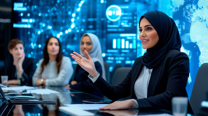 Confident Muslim Female CEO Leading E Commerce Meeting