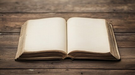 Open antique book with blank pages on wooden table.