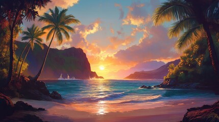 Tropical lagoon encircled by palm trees on a tranquil coastline
