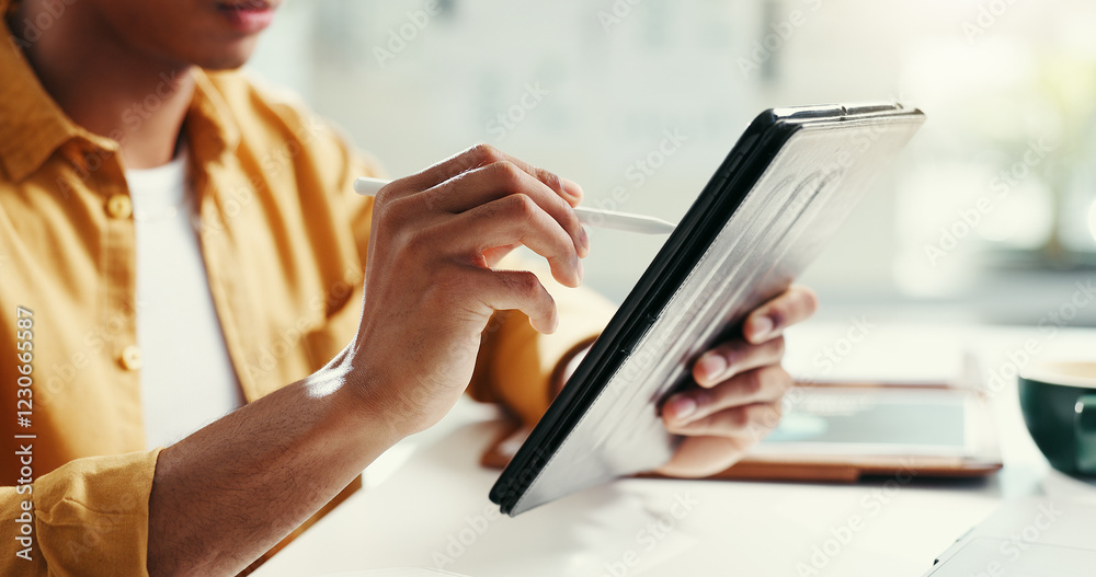Poster hands, tablet and businessman in office for research on company data privacy for information protect