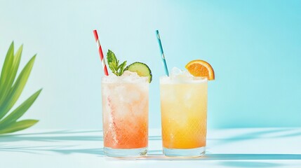   A pair of drinks resting beside each other atop a white table with a nearby green plant