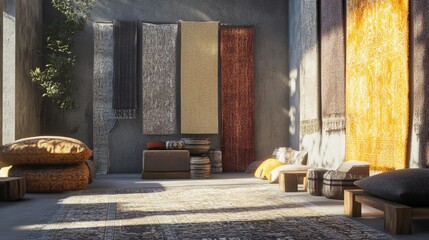 This cozy interior showcases a variety of colorful rugs and inviting seating options, creating a warm and stylish space perfect for relaxation and creativity.