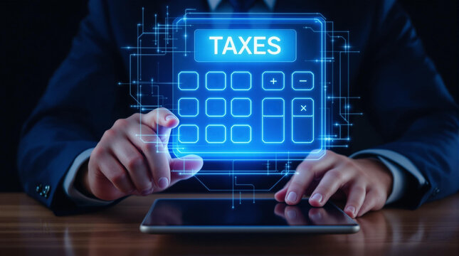 Man pressing a holographic calculator with the text 'Taxes.'  He is using a tablet for e-filing his personal income tax return form online for tax payment. Tax return calculation