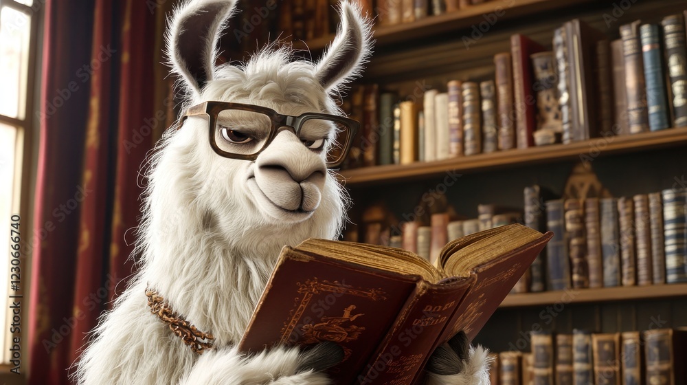 Poster Llama Reads Book In Library Setting