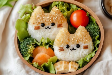 adorable bento box featuring cat-shaped onigiri, each meticulously decorated with seaweed whiskers, sesame seed eyes, and a tiny carrot nose