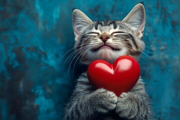 Cute havana brown baby feline with furry friend toy red heart - emblem of love, funny greeting card. Havana brown - my cherished cat. Ad campaign conceptual art. Adorable kitten. Fluffy cat.