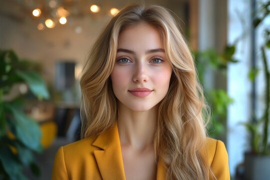 Young woman with long blonde hair poses confidently in a stylish mustard blazer among indoor greenery