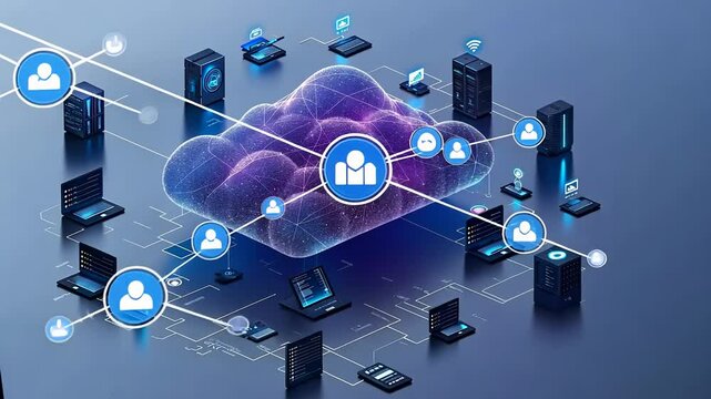 Online storage video: computers connect to cloud servers, illustrating seamless data transfer, device synchronization, role of tablets, phones, smart home devices in contemporary computing.