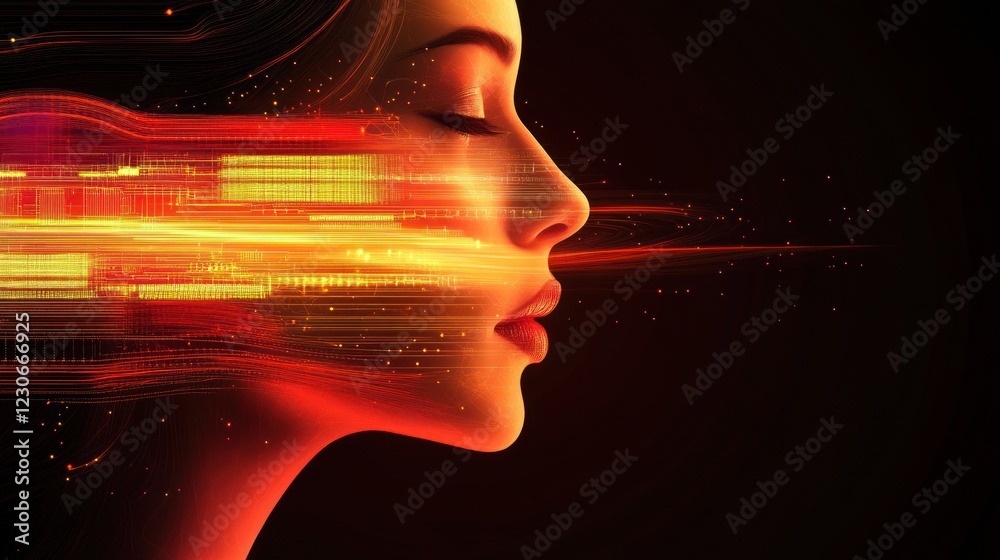 Poster digital woman profile illuminated by data streams