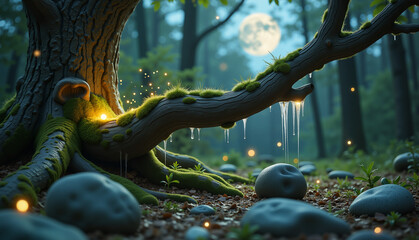 Ethereal tree branch with glowing sap in a magical forest, enchantment
