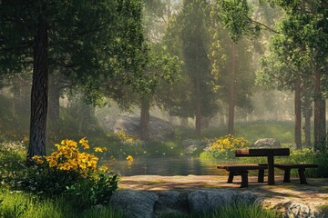 Naklejka premium Calm waters reflect vibrant flowers in a serene forest setting during golden hour