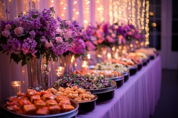 Elegant buffet setup with vibrant flowers and delicious food at a celebratory event