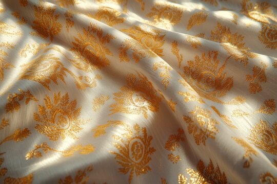 Elegant gold and cream fabric with intricate patterns showcases craftsmanship and design