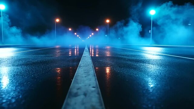 A stark blue asphalt street dissolves into a neon-drenched studio with piercing spotlights and rolling smoke, creating a bold visual identity for displays.