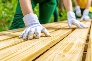 Young team collaborates on building wooden benches for a public park promoting sustainability and community engagement in warm daylight