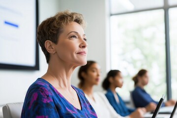 Diverse group of students engages with AI teaching assistant on laptops while teacher observes, creating a vibrant learning atmosphere