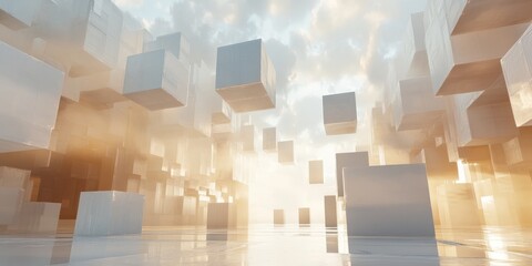 A serene abstract scene featuring floating light cubes surrounded by soft clouds. This image conveys a sense of depth and tranquility in a modern digital space.