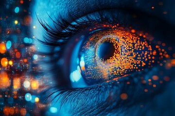 Digital eye concept showcasing vibrant technology and data visualization in a futuristic environment